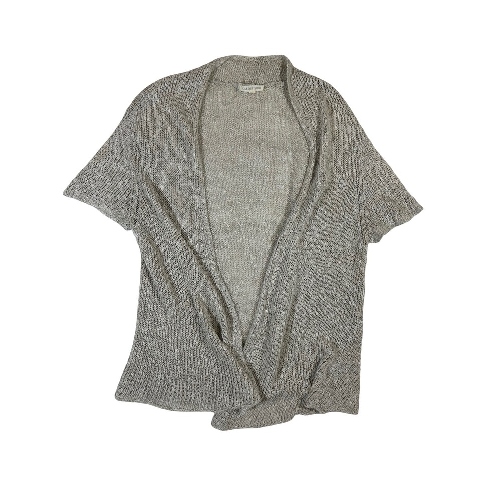 Eileen Fisher XL Oatmeal Beige Open Front Short Sleeve Knit Cardigan Italian